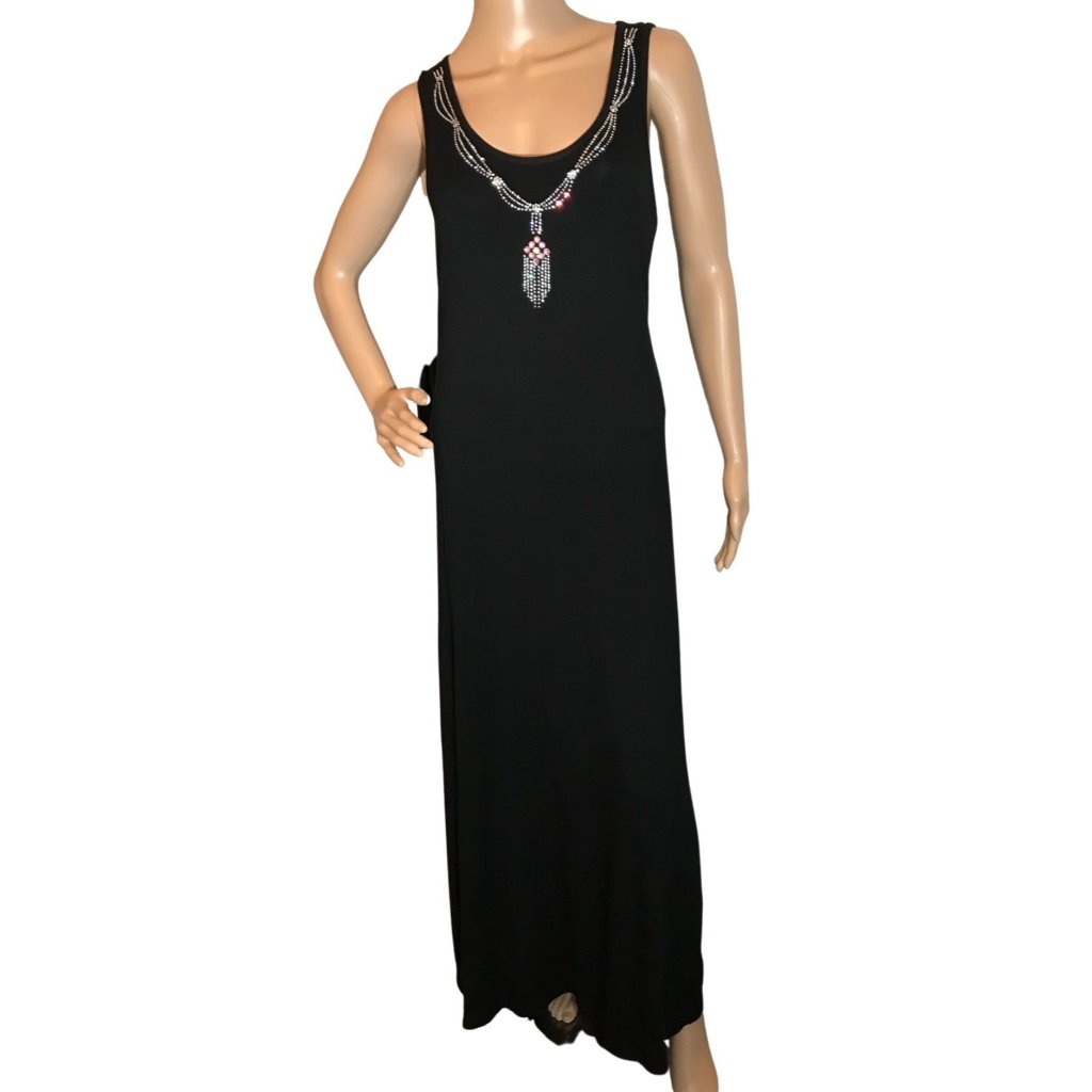 Christine Alexander Black Rayon Blend Sexy Swarovski Sleevless Medium Long Dress